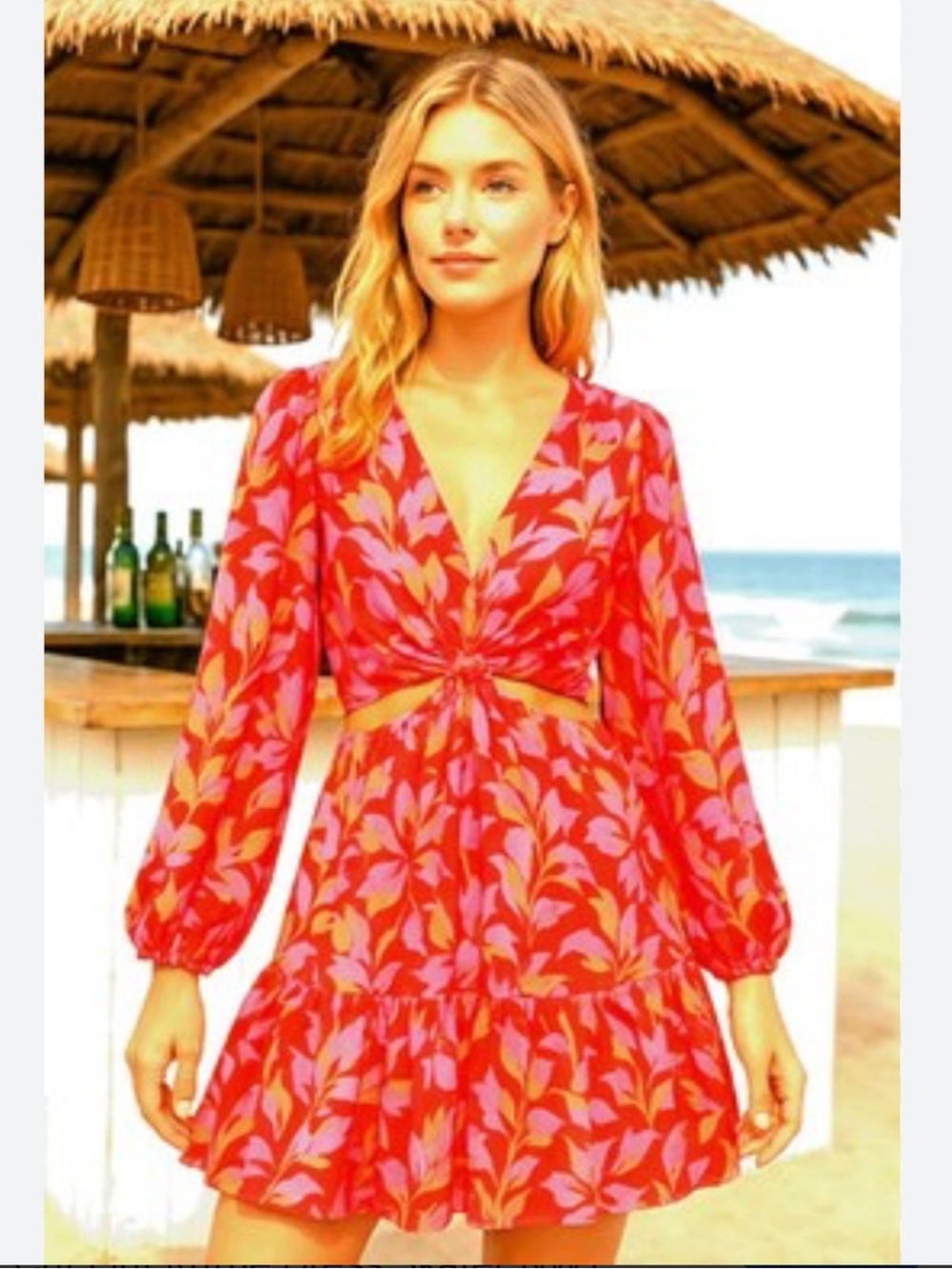 Jessica Simpson Pink Orange Floral O-Ring Cut-Out Ruffle Mini Dress Large